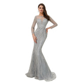 Silver Beaded Mermaid Evening Ball Gown - FashionByTeresa